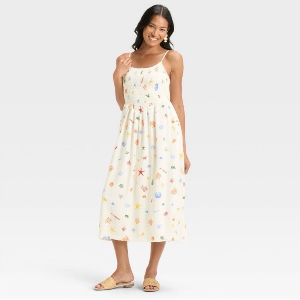 A New Day Smocked V-Waist, A-line Midi Seashell Dress